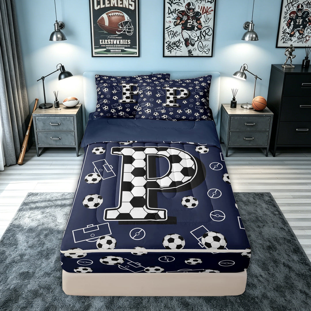 meiyoeat Soccer Letter P Zipper Comforter Set with Fitted Sheet and 2 Pillowcases for Kids, Sports Football Zipper Bedding Set for Kids, Navy Blue, Blue Reversible, 3 Pieces