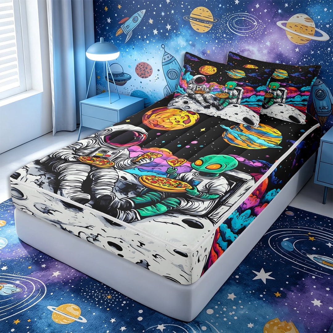 Erosebridal Psychedelic Space Astronaut Zipper Queen Comforter Set with Fitted Sheet and 2 Pillowcases,Food Pizza Zipper Bedding Set,Black Neon Purple,4 Pieces,Black Reversible