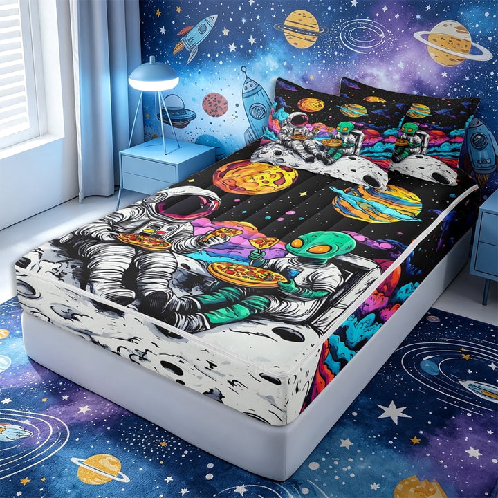 Erosebridal Psychedelic Space Astronaut Zipper Queen Comforter Set with Fitted Sheet and 2 Pillowcases,Food Pizza Zipper Bedding Set,Black Neon Purple,4 Pieces,Black Reversible