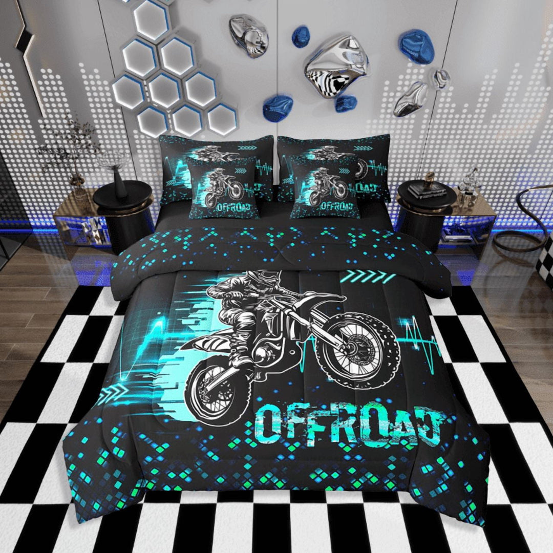 Erosebridal Dirt Bike Bedding Sets Twin Size,Cool Motorcyclist Comforter Sets with Sheets,Black Cyan Bedroom Decor,Reversible,Breathable,7-Piece