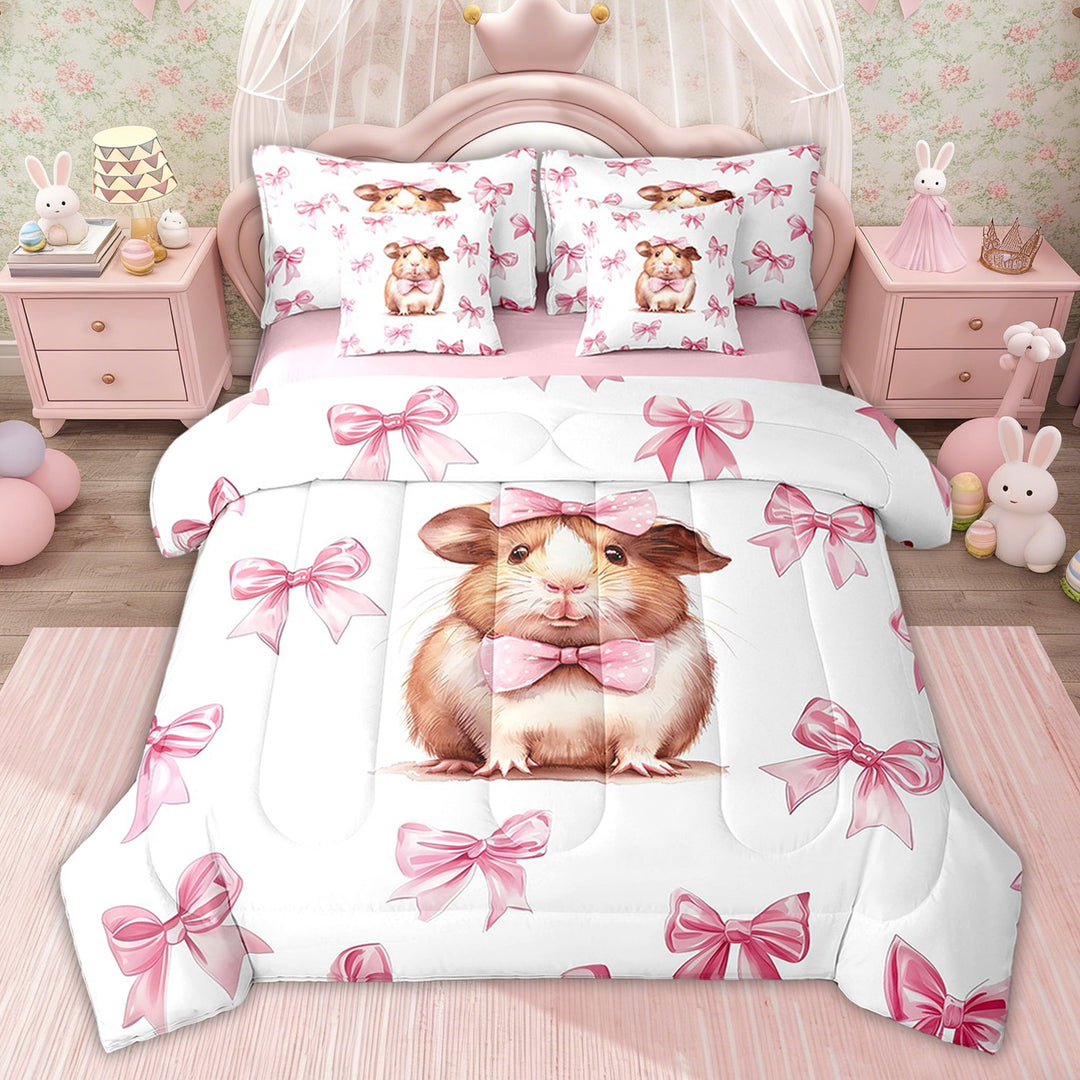 Erosebridal Kids Cartoon Guinea Pig Bedding Twin Comforter Set, Girly Pink Bow-tie Down Comforter, Cute Hamster Decor, Pink Reversible 7pcs