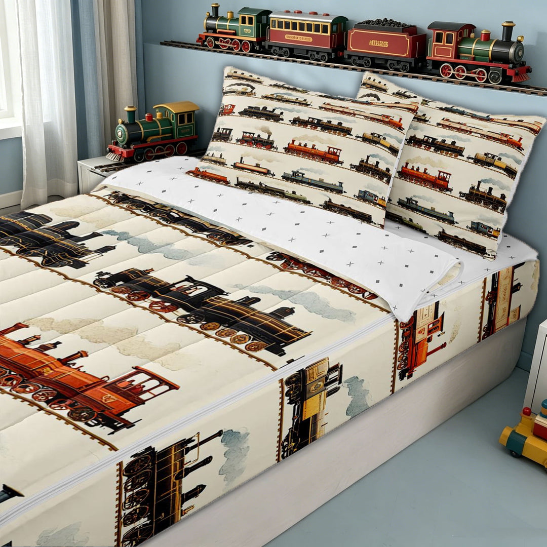 meiyoeat Vintage Train Print Zipper Full Size Comforter Sets with Fitted Sheet and 2 Pillowcases for Kids Boys, Classic Steam Engine Zipper Bedding Set, Beige Multicolor, ReversibleB