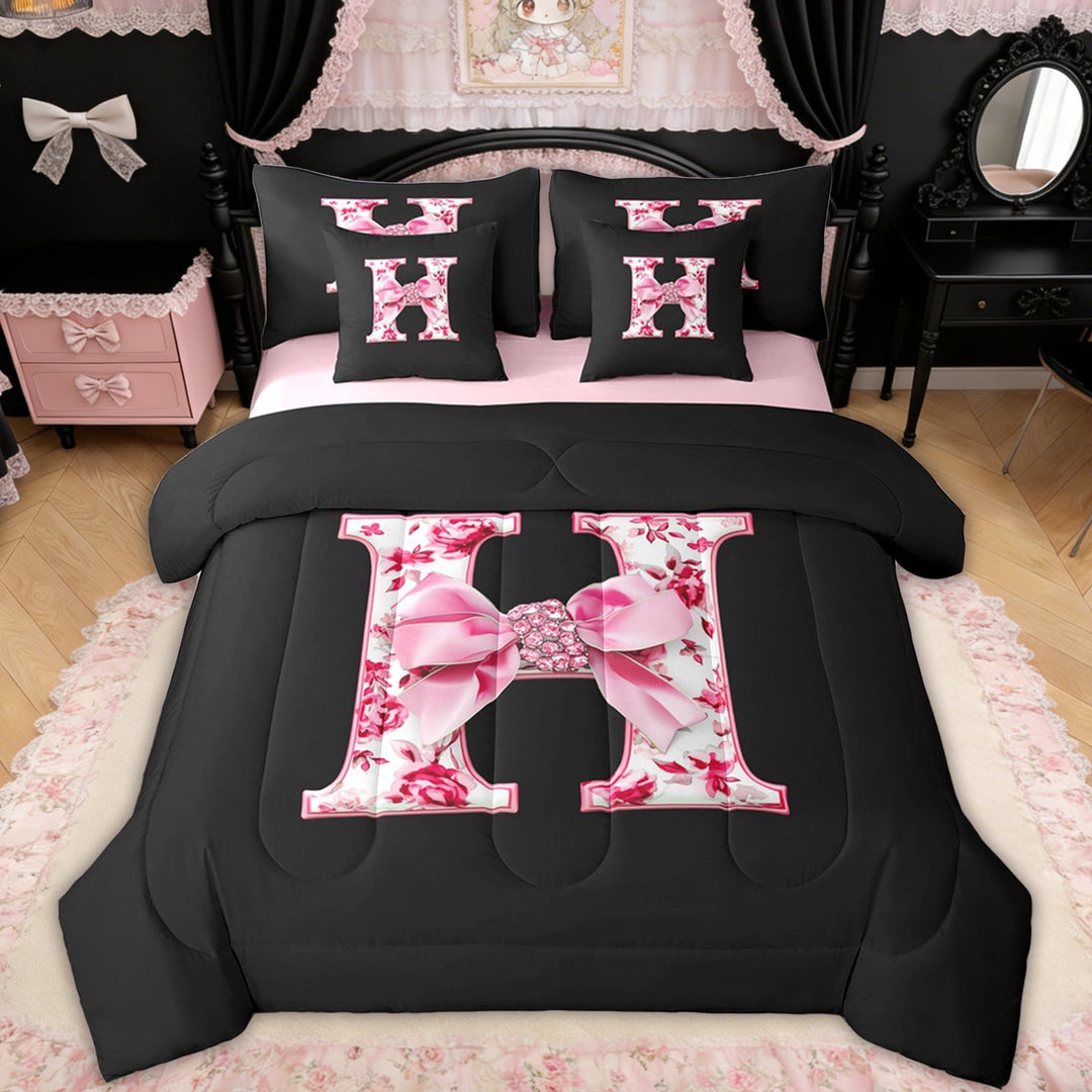 Erosebridal Pink Floral Letter H Bow Twin Bedding Sets for Girls Women, Princess Bowknot Bedding Comforter Set, Reversible, 7pcs