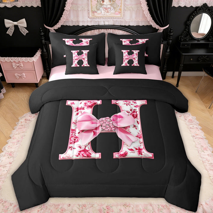 Erosebridal Pink Floral Letter H Bow Twin Bedding Sets for Girls Women, Princess Bowknot Bedding Comforter Set, Reversible, 7pcs
