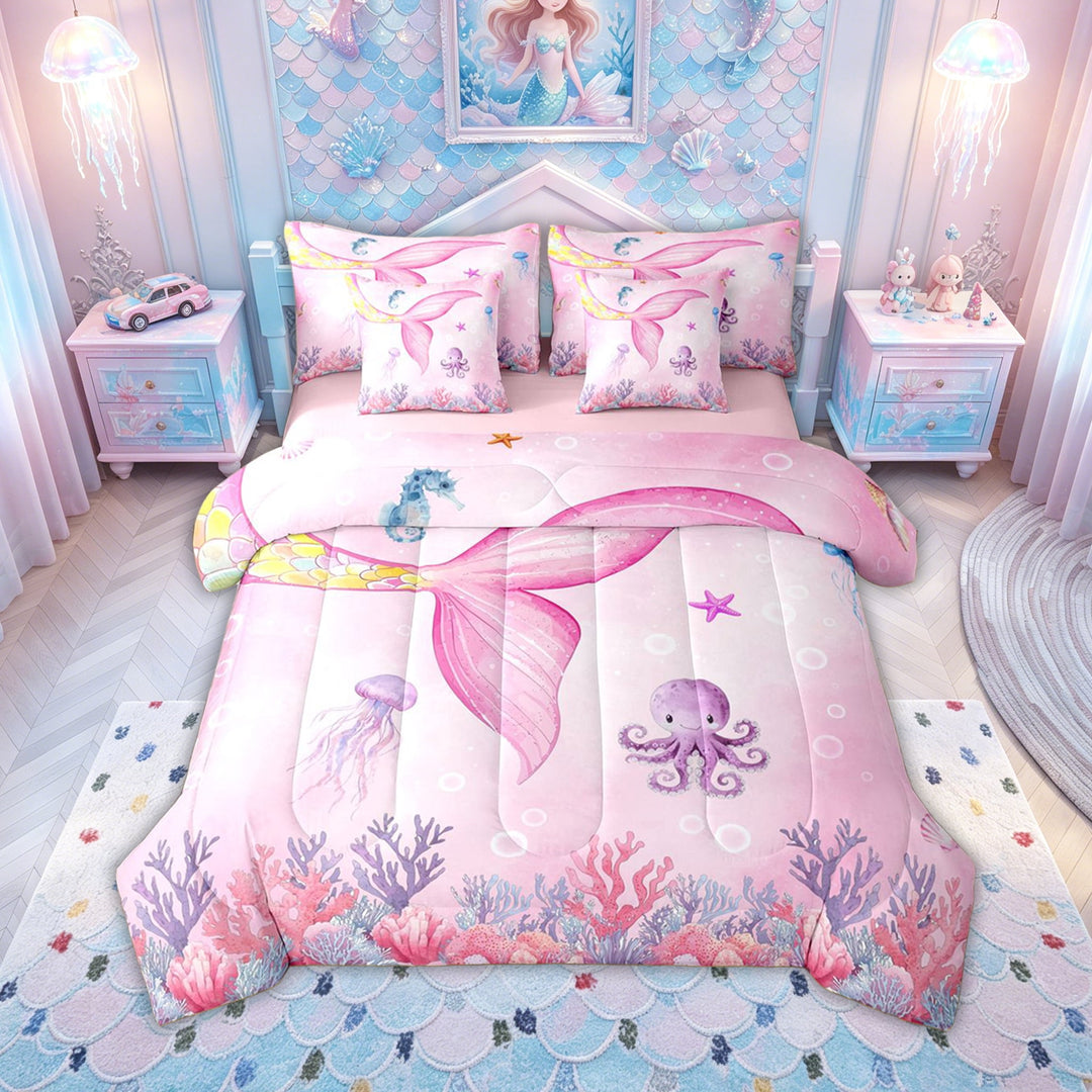 meiyoeat Watercolor Pink Mermaid Tail Ocean Full Size Bedding Sets for Girls, Jellyfish Coral Fairy Marine Full Size Bed in a Bag, Pink, Pink Reversible, 7 Pieces