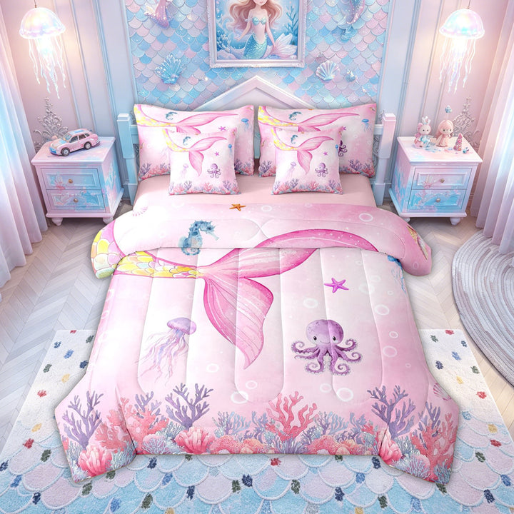 meiyoeat Watercolor Pink Mermaid Tail Ocean Full Size Bedding Sets for Girls, Jellyfish Coral Fairy Marine Full Size Bed in a Bag, Pink, Pink Reversible, 7 Pieces