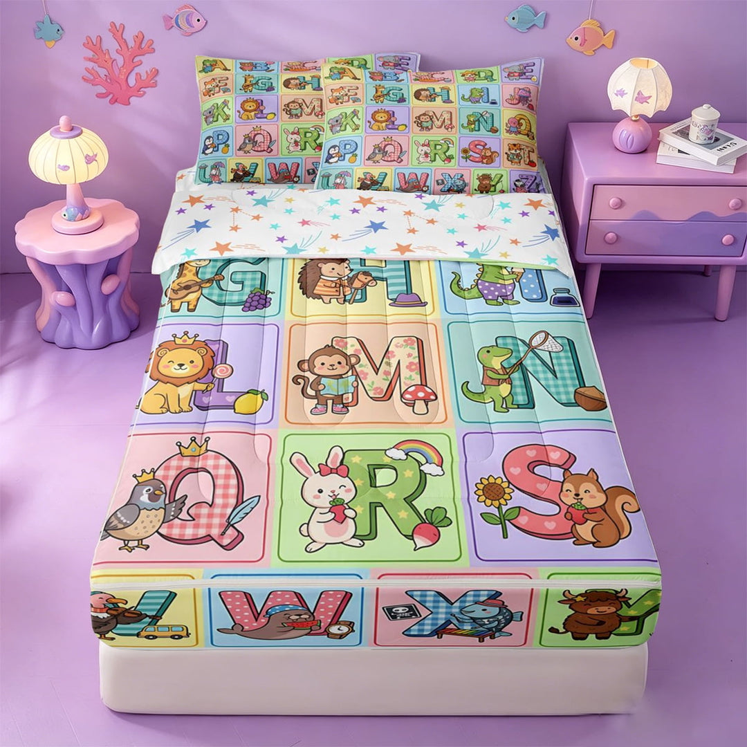 meiyoeat colorful 3D Alphabet Print Zipper Twin Comforter Sets with Fitted Sheet and 2 Pillowcases,watercolor Cute 26 Letter Zipper Bedding Set,Reversible,4-Piece