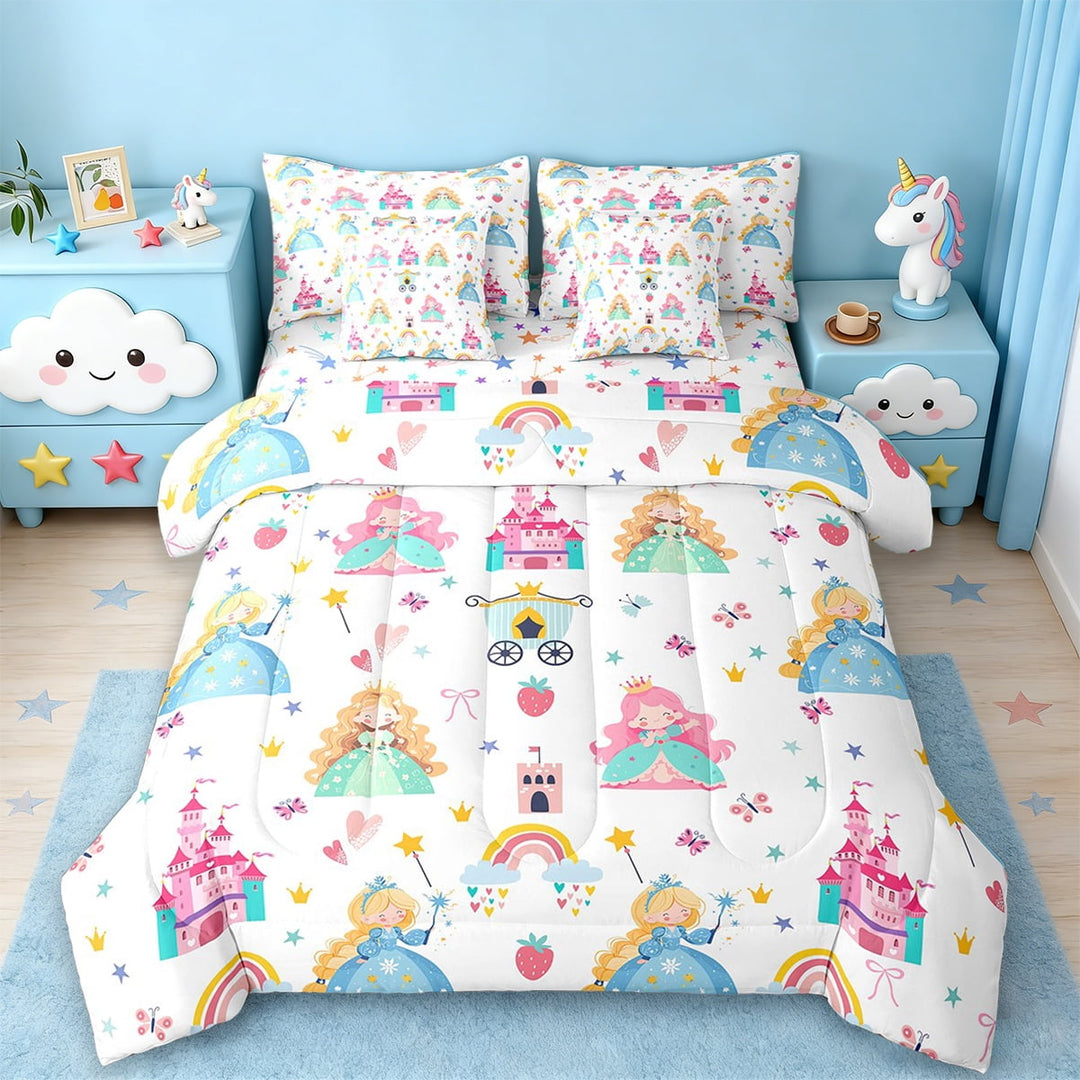 Erosebridal Little Princess Bed in a Bag Twin Size,Kawaii Girls Bed Set,White Carriage Caslte Bedding Twin Size For Girls,Ultra Soft Room Decor Reversible,7 Pieces