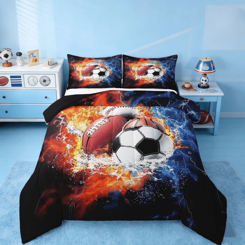 Manfei Football Baseball Sports Full Size Comforter Sets,Ball Games Bedroom 3D Soccer Bedding Sets For Boys Kids Reversible 3 Pieces