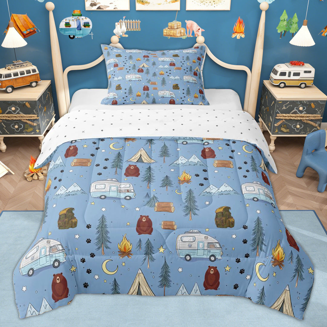 Erosebridal Blue Bear RV Car Camping Twin Comforter Sets, Starry Night Tent Bedding Set for Men and Women, 2-Piece