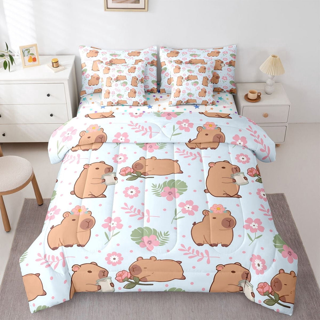 Erosebridal Cartoon Capybara Twin Bedding Sets 7-Piece For Kids,Pink Flowers Green Leaves Bedding Comforter Set For Boys Girls,Super Cozy Room Decor
