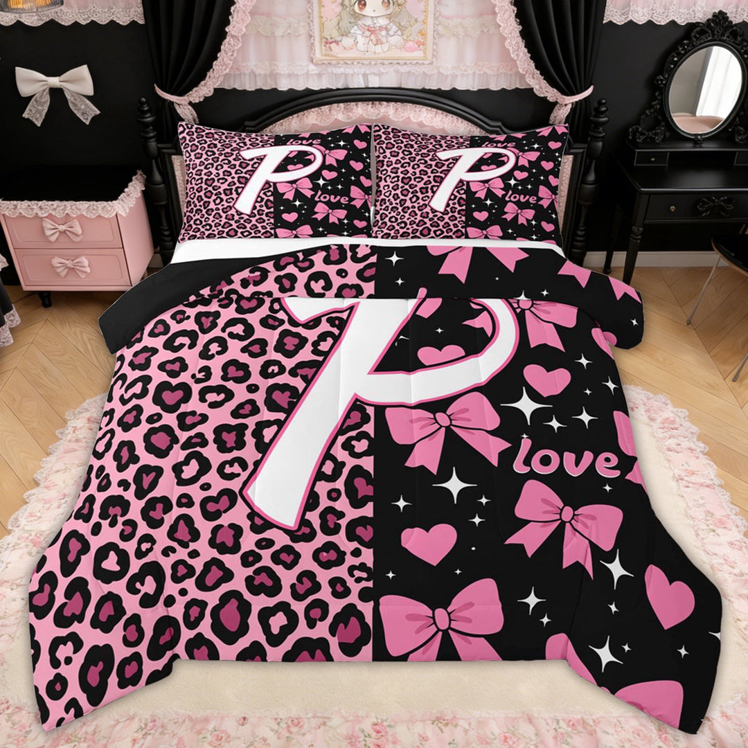 Erosebridal Leopard Print Bow Letter P Full Size Comforter Sets for Girls, Pink Initial Ribbon Bedding Sets, Black Reversible, 3pcs