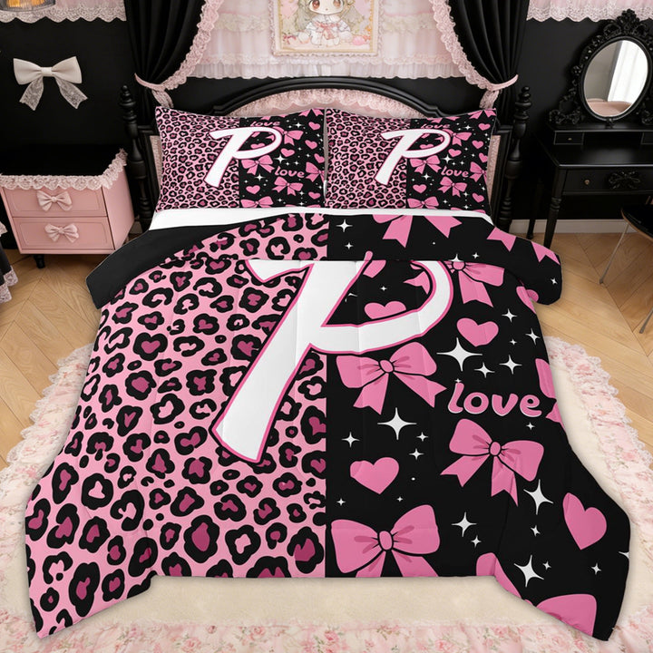 Erosebridal Leopard Print Bow Letter P Full Size Comforter Sets for Girls, Pink Initial Ribbon Bedding Sets, Black Reversible, 3pcs