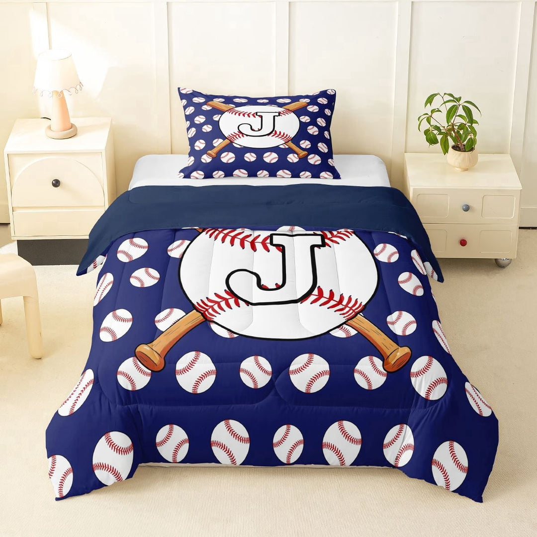 Erosebridal Teens Baseball Gaming Letter J Monogrammed Twin Comforter Sets 3-Piece,Girls Boys Sport Gamer Bedding Set,Navy Blue Reversible,Luxury Bedroom Decor