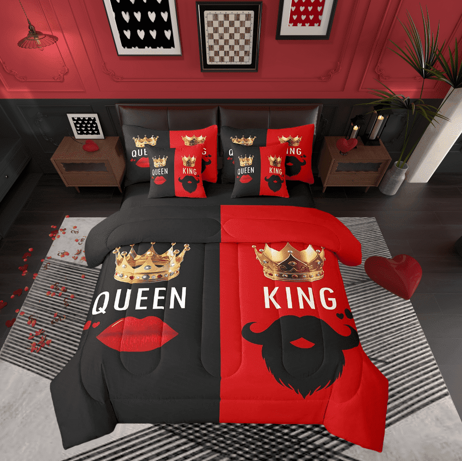 King And Queen King Bed In A Bag 7 Piece For Adults Men Women,Red Black Crown Comforter Set With Sheets For Couple Her His,Romantic Mouth And Beard Bedding Set Valentine&
