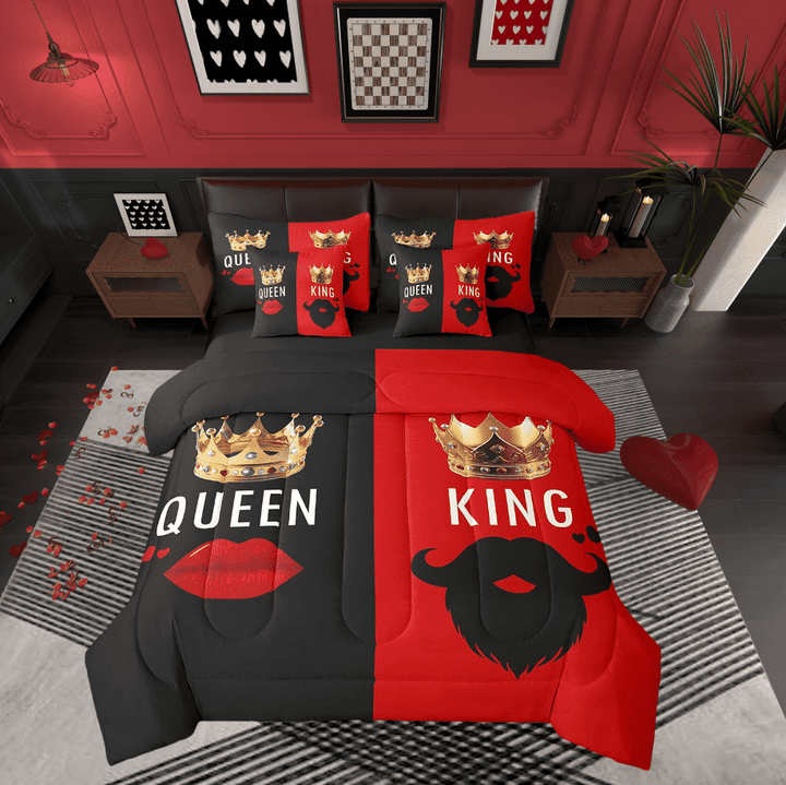 King And Queen King Bed In A Bag 7 Piece For Adults Men Women,Red Black Crown Comforter Set With Sheets For Couple Her His,Romantic Mouth And Beard Bedding Set Valentine&