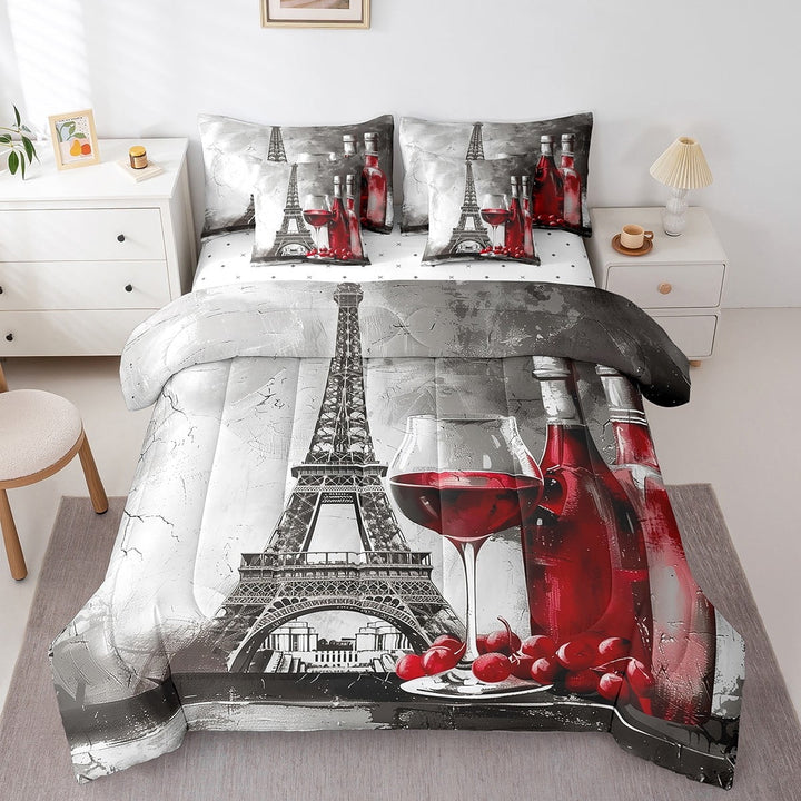 Eiffel Tower Bed In A Bag 7-Piece For Women Men Vintage Paris Tower Queen Size Comforter Set,Couples Bedroom Decor,Romantic French Bedding Set,Oil Painting Sheet Set With Comforter