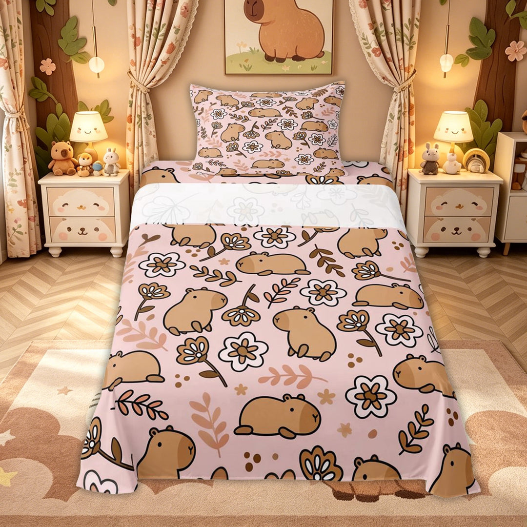 meiyoeat Cute Capybara Animal Bed Sheets for Kids Girls, Boho Flower Floral Full Size Sheets, Pink Brown, 4 Pieces