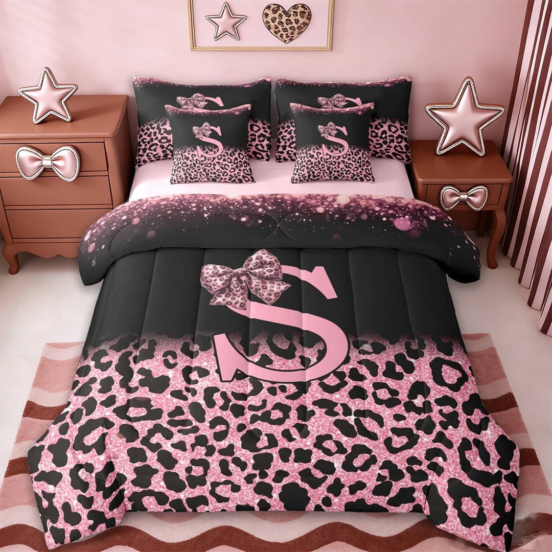 Erosebridal Fashion Leopard Printed 7-Piece Twin Bedding Sets,Pink Cheetah Pattern S Alphabet Bedding Comforter Set For Kids Girls,Reversible pink