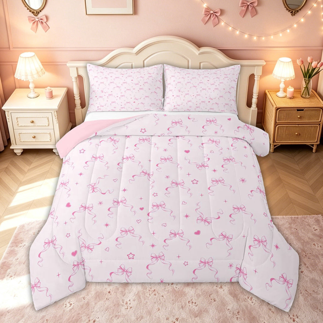 meiyoeat Kawaii Princess Bow Full Size Comforter Sets for Kids Girls, Pink Love Hearts Stars Bedding Comforter Set for Bedroom, Pink Reversible, 3 Pieces