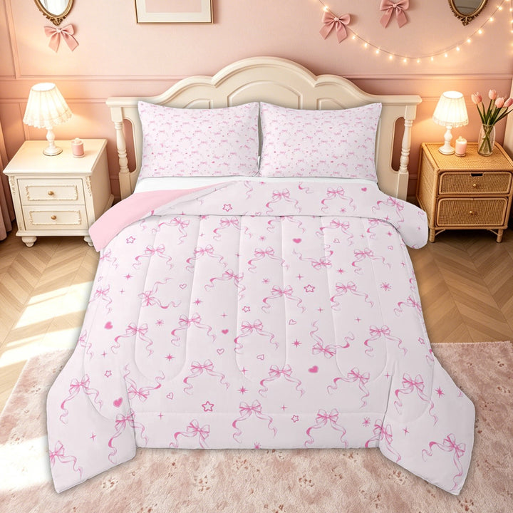 meiyoeat Kawaii Princess Bow Full Size Comforter Sets for Kids Girls, Pink Love Hearts Stars Bedding Comforter Set for Bedroom, Pink Reversible, 3 Pieces