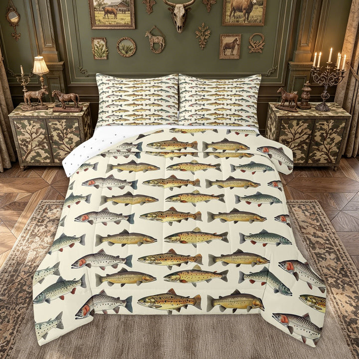 meiyoeat Watercolor Spotted Fish Full Size Comforter Sets for Men, Natural Lake Outdoor Fishing Bedding Comforter Set, Brown Green, Reversible, 3-Piece, 1 Comforter and 2 Pillowcases