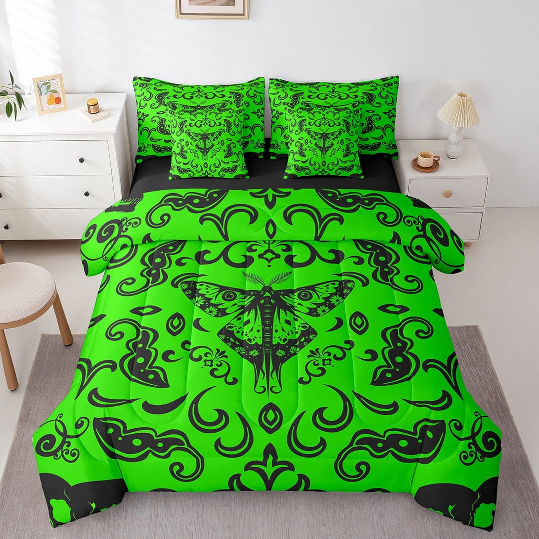 YST Moth Gothic Bed In A Bag 7 Piece King Lime Green Black Baroque Damask Goth Comforter Set With Sheets Death Moth Skull Halloween Bedding Set For Kids Adults,Retro Animal Floral Bed Set
