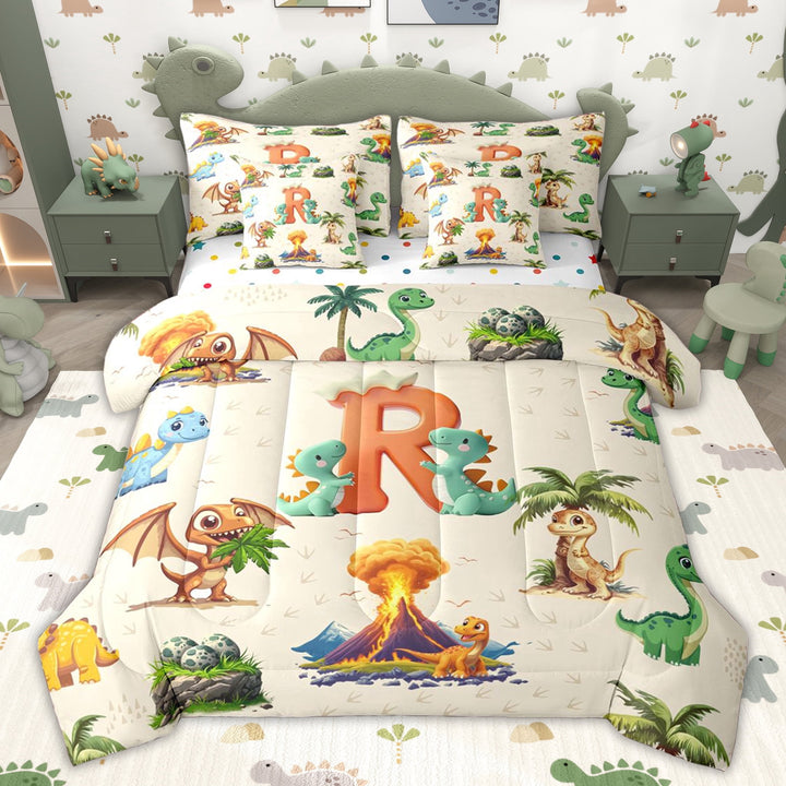 Erosebridal Dinosaur Letter R Twin Bedding Sets for Kids Boys Girls, Cartoon Dino Animals Bedding Comforter Set, Polka Dots Reversible, 7-Piece