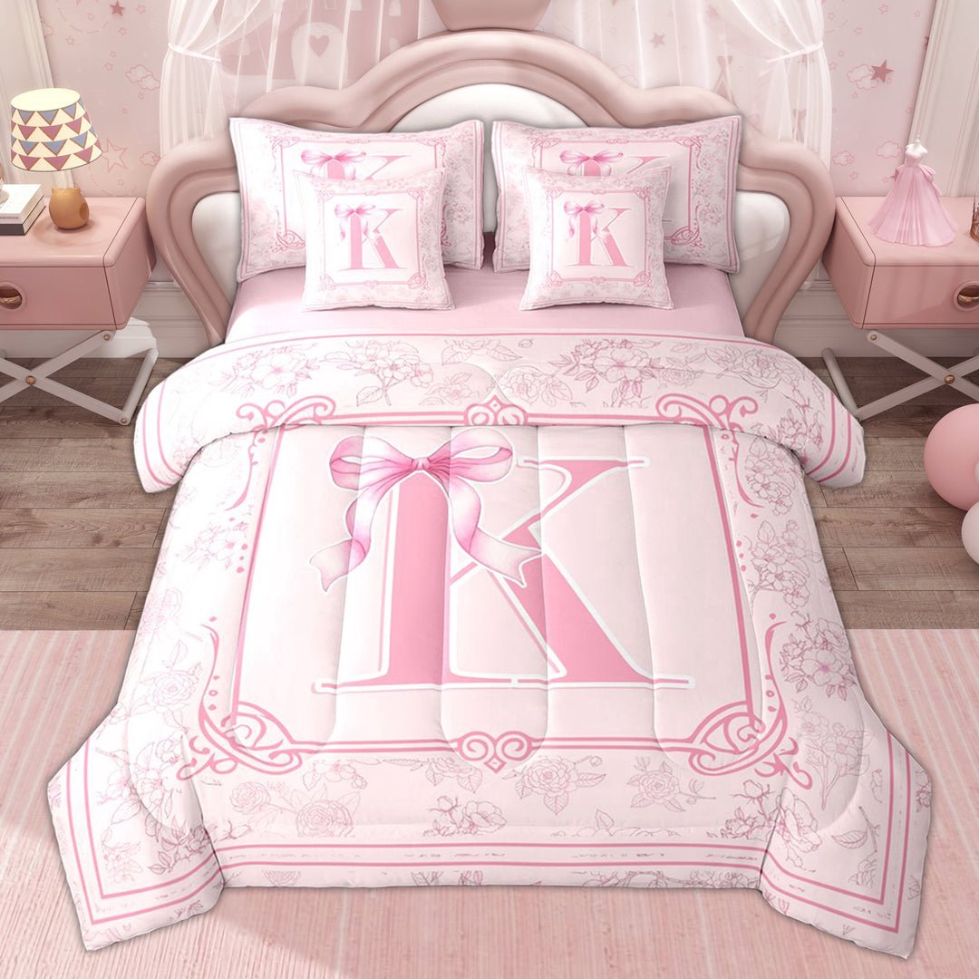 Erosebridal Kids Bow K Letter Twin Bedding Sets, Princess Flower Floral Bedding Comforter Set, Pink, 7pcs