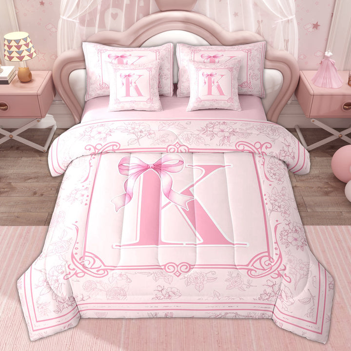 Erosebridal Kids Bow K Letter Twin Bedding Sets, Princess Flower Floral Bedding Comforter Set, Pink, 7pcs