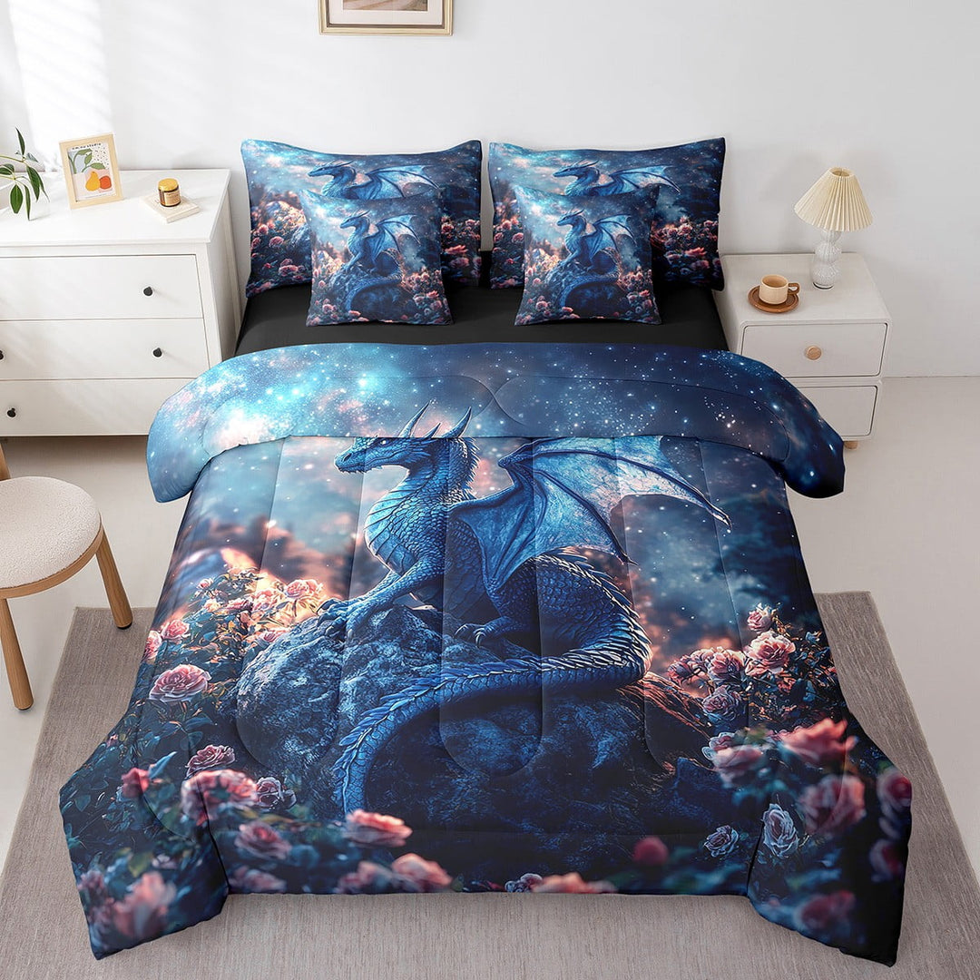 YST 7 Pcs Dragon Twin Bedding Set For Boys Girls,Floral Blue Western Dragon Kids Comforter Set,Galaxy Magical Animal Bed In A Bag Starry Sky Stars Wildlife Sheet Set With Comforter