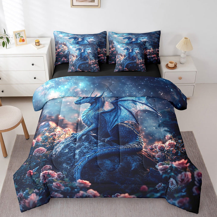 YST 7 Pcs Dragon Twin Bedding Set For Boys Girls,Floral Blue Western Dragon Kids Comforter Set,Galaxy Magical Animal Bed In A Bag Starry Sky Stars Wildlife Sheet Set With Comforter