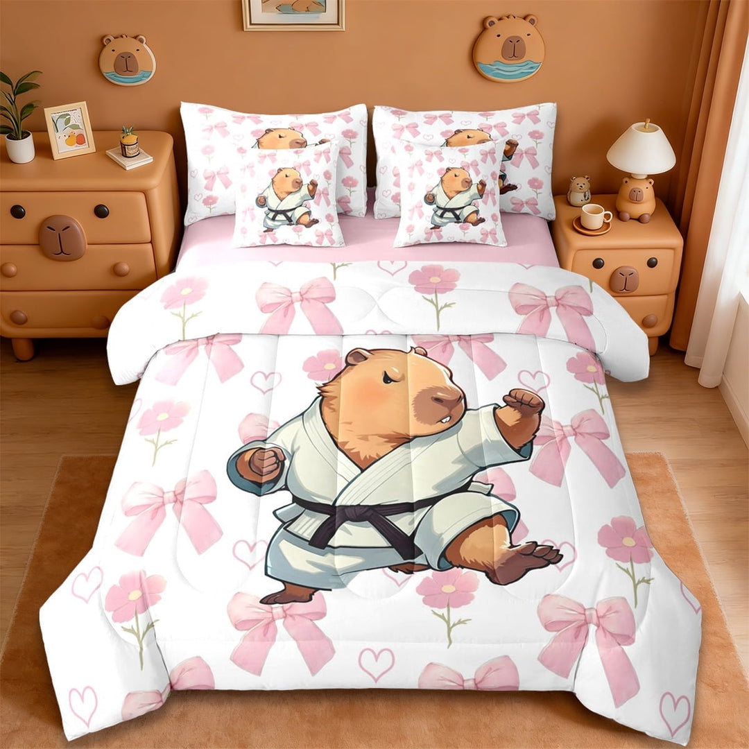 Erosebridal Funny Capybara 7-Piece Twin Bedding Sets For Capybara Lovers,Pink Floral Kawaii Bow Loves Bedding Comforter Set ,Reversible Pink