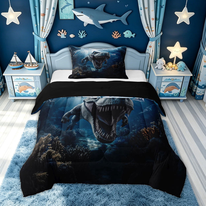 meiyoeat Ocean Underwater Dino Full Size Comforter Sets for Boys Men, Mystic Sea Animal Bedding Comforter Set, Blue Gray, Black Reversible, 3pcs, 1 Comforter and 2 Pillowcases