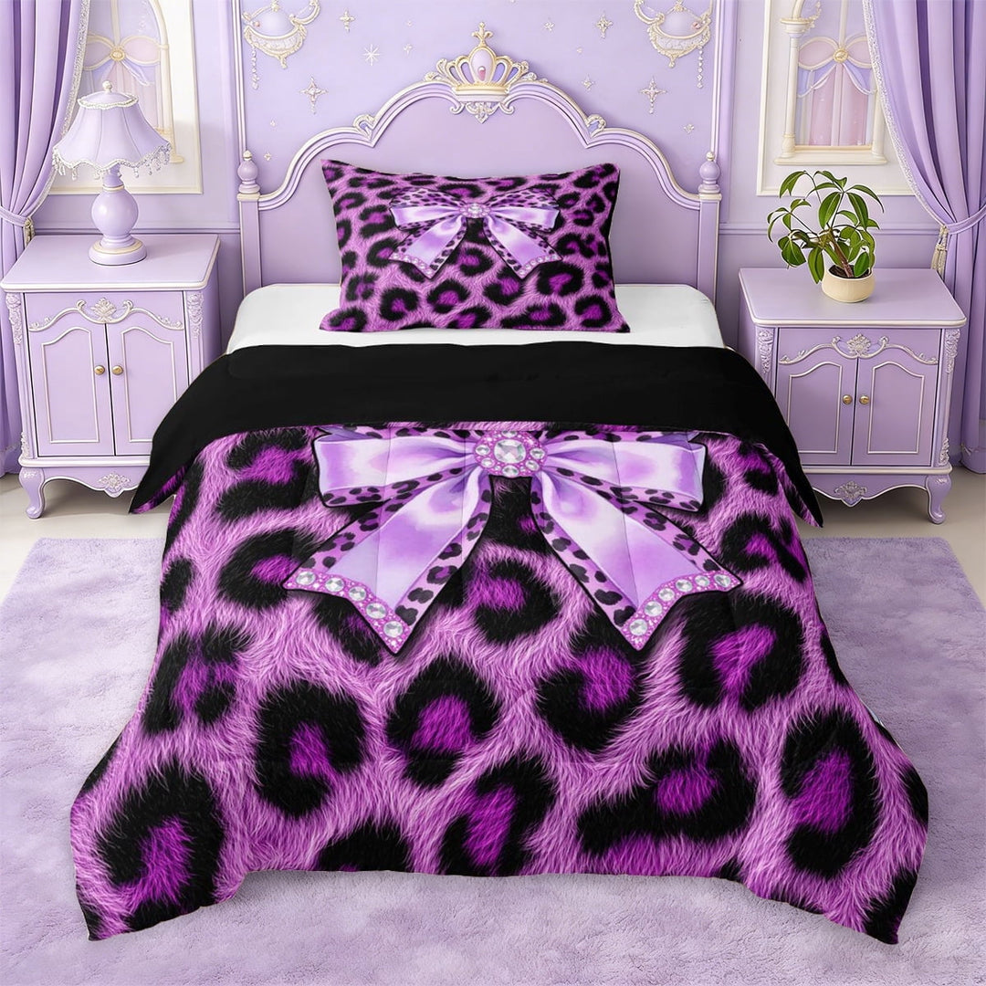 Erosebridal Purple Cheetah Pattern Twin Comforter Sets For Kids,Cute Bow Bedding Set For Girls,Black Reversible,2 Pieces