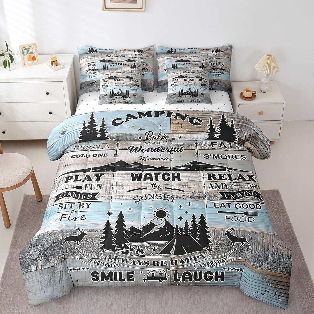 Erosebridal Farmhouse Camp 7 Piece Bedding Sets Camping Rules Comforter Bed in a Bag Wooden Plank Printed Quilt with Sheet Set, Teen Bedroom Decor,Queen 7Pcs