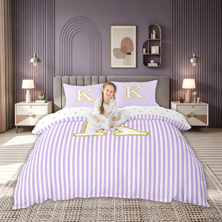 meiyoeat Gold K Monogram Bedding for Kids Girls Women, Purple Stripes Duvet Cover Full for Bedroom, Reversible, 3pcs
