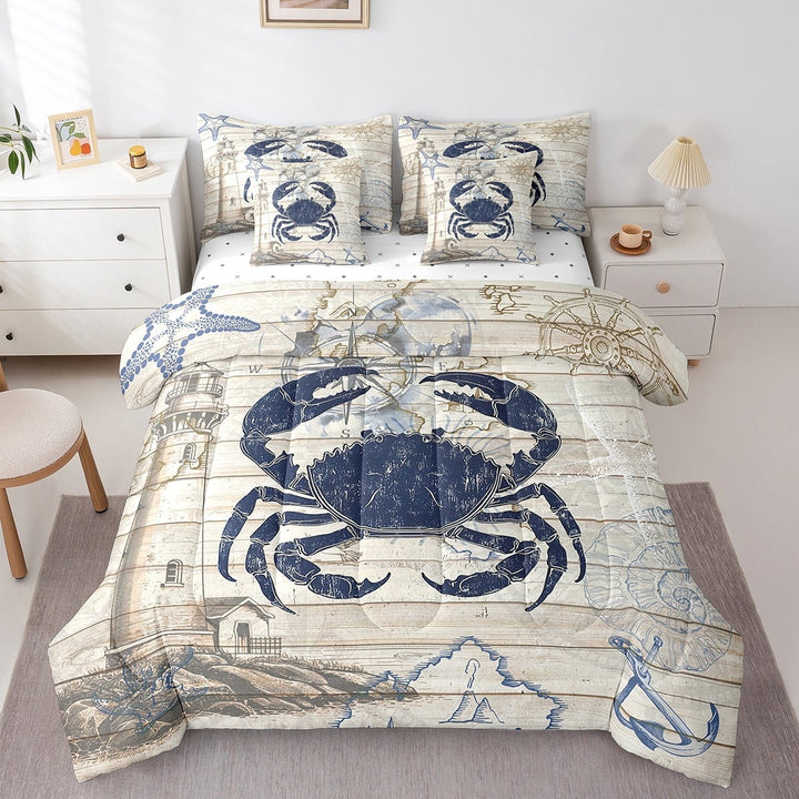Erosebridal Ocean Crab Animal Bedding Sets Twin Size, Cartoon Lighthouse Comforter Sets with Sheets, Nautical Compass Decor, Reversible, 7pcs