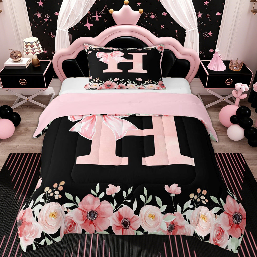 Erosebridal Bow Monogrammed H Girls Twin Comforter Sets, Pink Flower Bedding Set, 2pcs