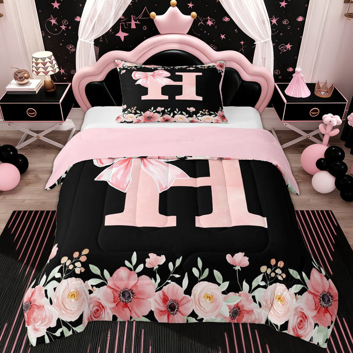 Erosebridal Bow Monogrammed H Girls Twin Comforter Sets, Pink Flower Bedding Set, 2pcs
