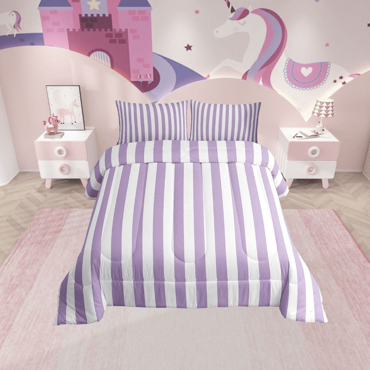 Erosebridal Purple Stripes Bedding Sets Twin with Comforter, Geometry Abstract Duvet Insert, Minimalism Reversible Comforters &amp; Duvets, Microfiber Bedroom Decoration, 2pcs