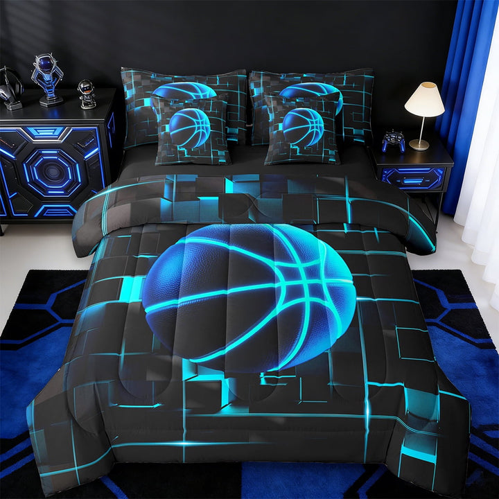 Erosebridal Ball Games Bedding Sets Twin Size,Basketball Sport Bedding Sets Twin Size,Blue Neon Light Ombre Geometry Bed in a Bag Twin Size,Super Cozy Room Decoration Reversible,7-Piece