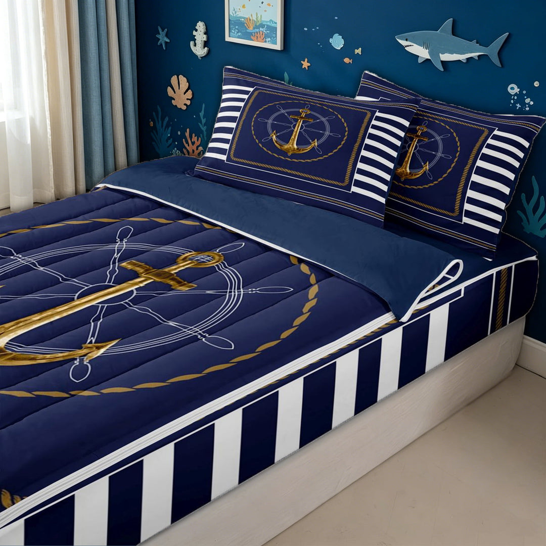 meiyoeat Nautical Anchor Print Zipper Full Size Comforter Sets with Fitted Sheet and 2 Pillowcases for Kids Boys, Navy Maritime Wheel Stripe Zipper Bedding Set, Blue ReversibleB