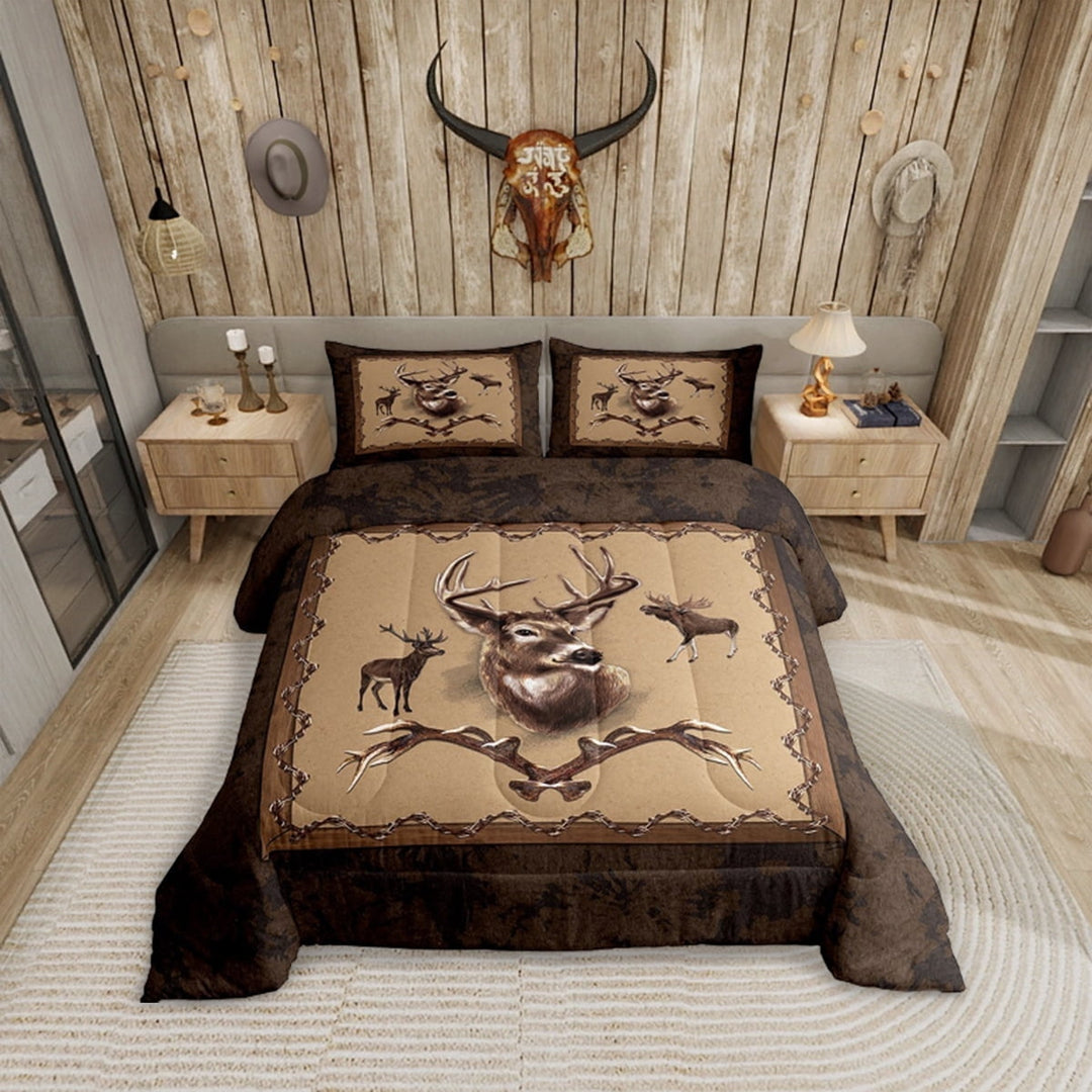 Erosebridal Farmhouse Deer Comforter Sets Southwestern Bedding Set Queen Size Rustic Hunting Animal Quilt Moose Deer Down Comforter with 2 Pillow Sham Bedroom Decor