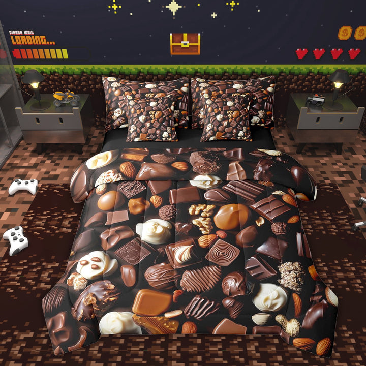 Erosebridal Brown Chocolate Twin Bedding Sets 7-Piece for Kids, Cartoon Dessert Bedding Comforter Set