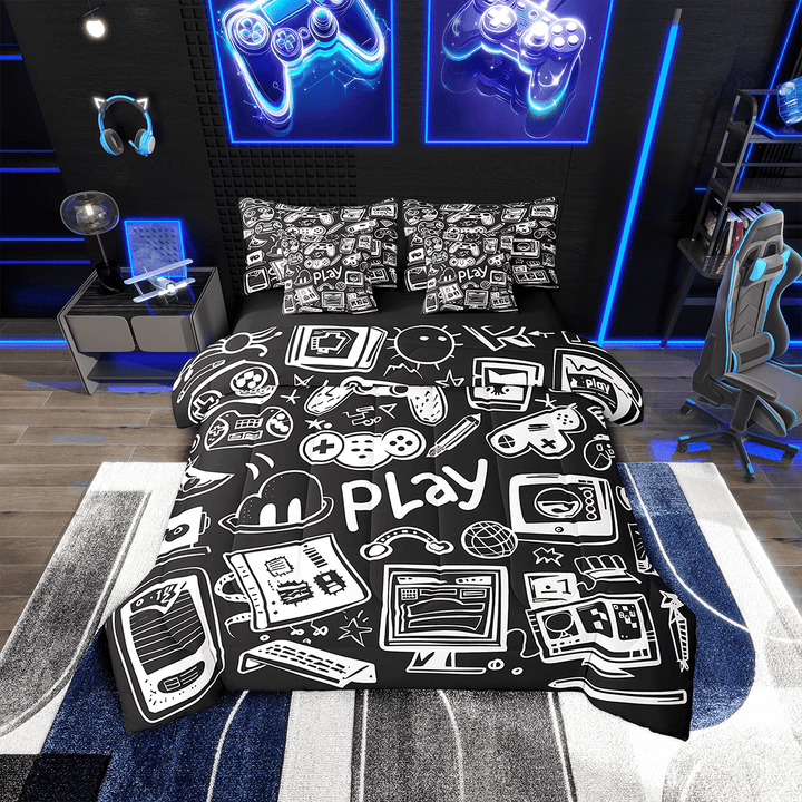 7Pcs Gamer Comforter Set Full,Gaming Bedding Comforter Set,Gamepad Video Games Controller Bed In A Bag Black White Sketch Bed Sets With Comforter And Sheets