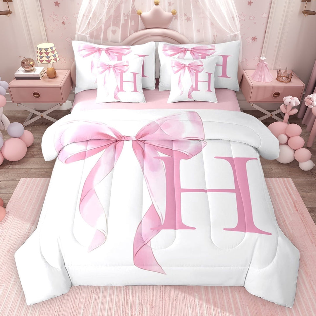 Erosebridal Girls Pink Bow Twin Bedding Sets, H Letter Bedding Comforter Set, Princess Style Bedroom Decor, Pink Reversible 7 Pieces