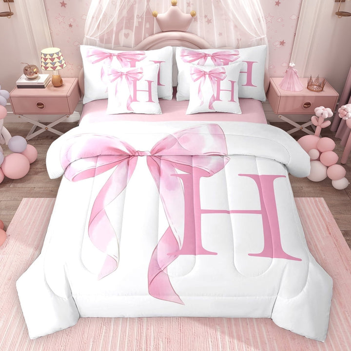 Erosebridal Girls Pink Bow Twin Bedding Sets, H Letter Bedding Comforter Set, Princess Style Bedroom Decor, Pink Reversible 7 Pieces
