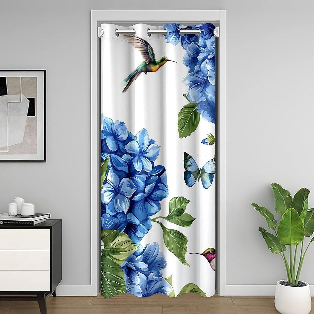 Hydrangea Door Curtain For Doorway Privacy 52"W X 80"L,Blue Floral Blackout Curtain For Adult Teens,Hummingbird Door Drape,Colorful Butterfly Closet Curtain Temporary Door,Darkening