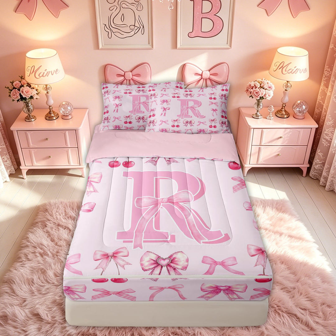 meiyoeat Cherry Bow Letter R Zipper Comforter Set with Fitted Sheet and 2 Pillowcases for Girls, Fruit Ribbon Zipper Bedding Set for Bedroom, Hot Pink, Pink Reversible, 3-Piece